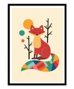 Wall Editions Décoration Murale Enfant Affiche D'art Avec Cadre Bois Noir - Rainbow Fox - 30 X 40 Cm