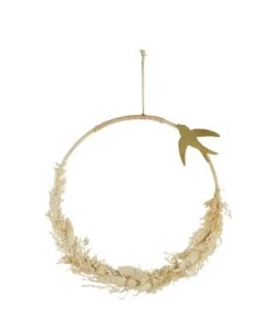 Maisons Du Monde Décoration Murale Enfant Déco Murale En Bambou, Fleurs Séchées Beiges Et Oiseau En Métal Doré 32x35