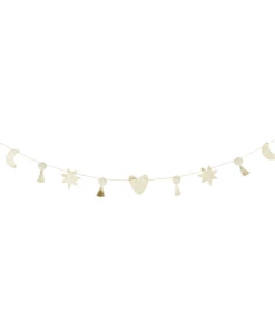 Maisons Du Monde Décoration Murale Enfant Guirlande à Pompons Beige Et Doré Avec étoiles, Coeurs Et Lunes Pailletés L200