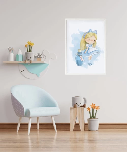 Crochetts Décoration Murale Enfant Impression Alice Avec La Potion Bleu Encadrée En Bois Blanc 43X33 Cm 2 Crochetts Décoration Murale Enfant Impression Alice Avec La Potion Bleu Encadrée En Bois Blanc 43X33 Cm – Image 2