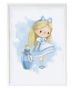 Crochetts Décoration Murale Enfant Impression Alice Avec La Potion Bleu Encadrée En Bois Blanc 43X33 Cm