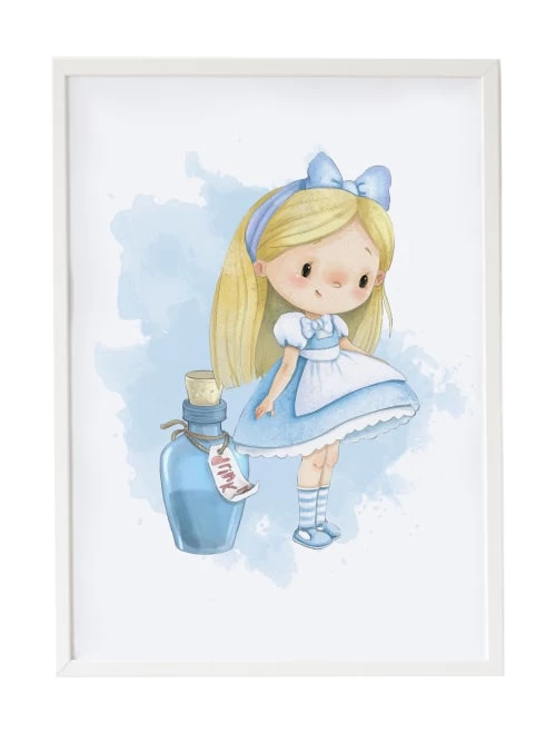 Crochetts Décoration Murale Enfant Impression Alice Avec La Potion Bleu Encadrée En Bois Blanc 43X33 Cm 1 Crochetts Décoration Murale Enfant Impression Alice Avec La Potion Bleu Encadrée En Bois Blanc 43X33 Cm