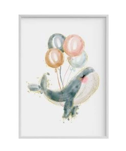 Crochetts Décoration Murale Enfant Impression De Baleine Gris Ballon Encadrée En Bois Blanc 43X33 Cm