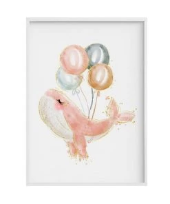 Crochetts Décoration Murale Enfant Impression De Baleine Rose Ballon Encadrée En Bois Blanc 43X33 Cm