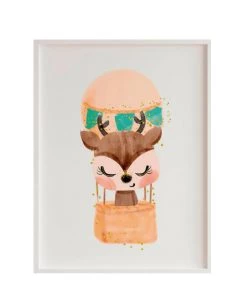 Crochetts Décoration Murale Enfant Impression De Cerf Ballon Encadrée En Bois Blanc 43X33 Cm