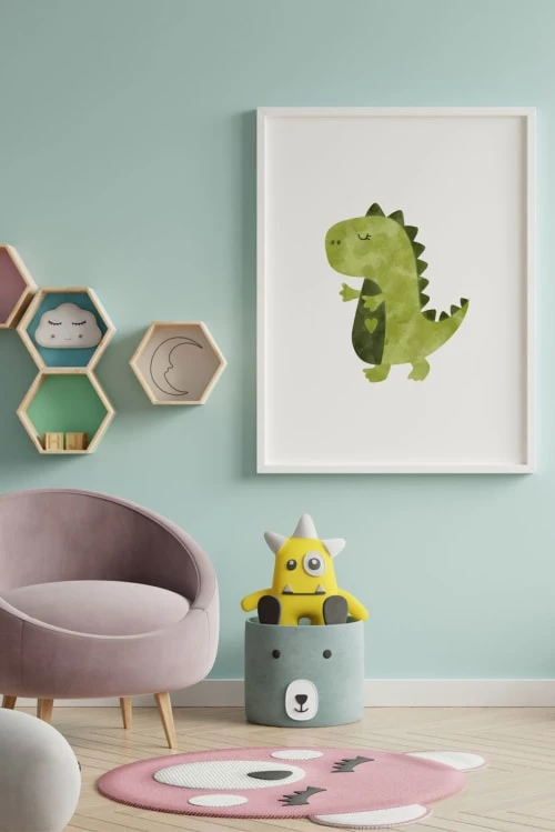 Crochetts Décoration Murale Enfant Impression De Dino Encadrée En Bois Blanc 43X33 Cm 2 Crochetts Décoration Murale Enfant Impression De Dino Encadrée En Bois Blanc 43X33 Cm – Image 2