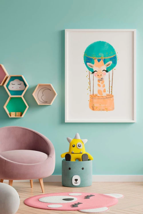 Crochetts Décoration Murale Enfant Impression De Girafe Ballon Encadrée En Bois Blanc 43X33 Cm 2 Crochetts Décoration Murale Enfant Impression De Girafe Ballon Encadrée En Bois Blanc 43X33 Cm – Image 2