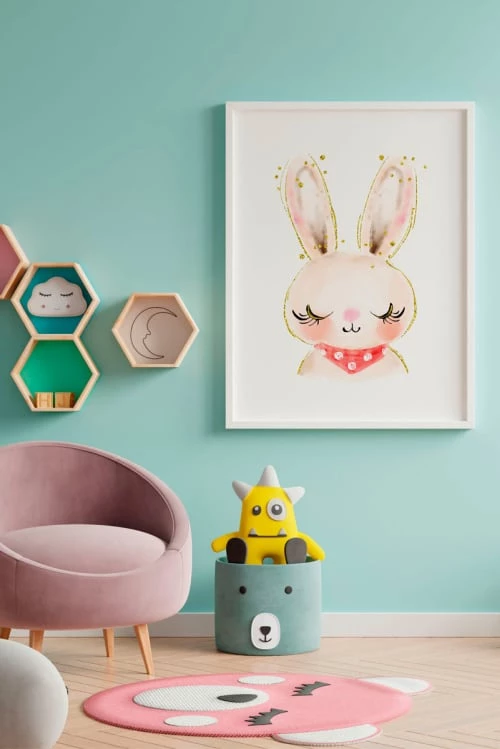Crochetts Décoration Murale Enfant Impression De Lapin Encadrée En Bois Blanc 43X33 Cm 2 Crochetts Décoration Murale Enfant Impression De Lapin Encadrée En Bois Blanc 43X33 Cm – Image 2