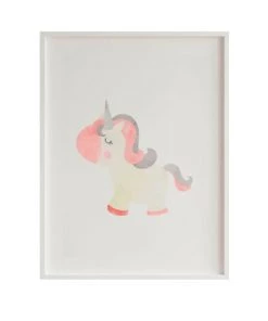 Crochetts Décoration Murale Enfant Impression De Licorne Rouse Encadrée En Bois Blanc 43X33 Cm