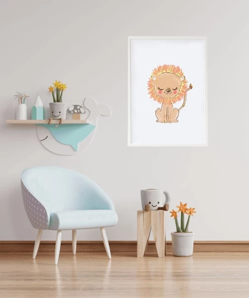 Crochetts Décoration Murale Enfant Impression De Lion Encadrée En Bois Blanc 43X33 Cm 2 Crochetts Décoration Murale Enfant Impression De Lion Encadrée En Bois Blanc 43X33 Cm – Image 2
