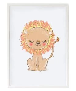 Crochetts Décoration Murale Enfant Impression De Lion Encadrée En Bois Blanc 43X33 Cm