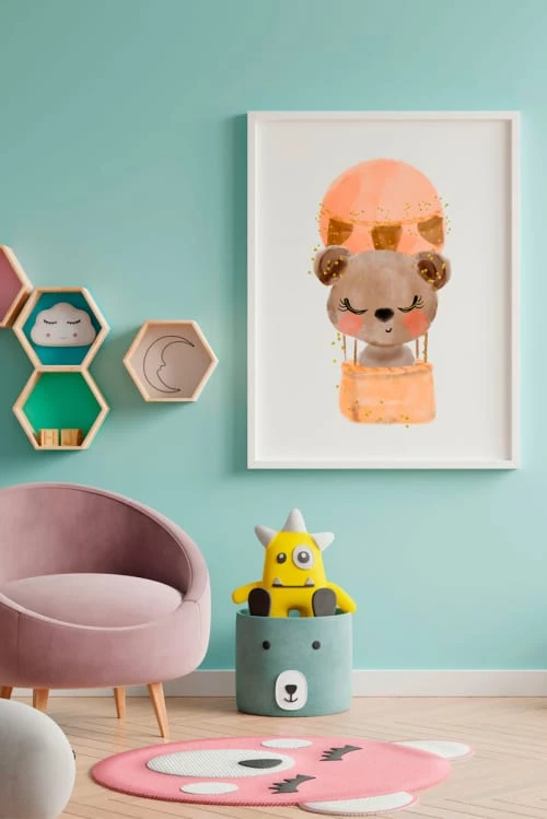 Crochetts Décoration Murale Enfant Impression De Ours Ballon Encadrée En Bois Blanc 43X33 Cm 2 Crochetts Décoration Murale Enfant Impression De Ours Ballon Encadrée En Bois Blanc 43X33 Cm – Image 2