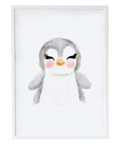 Crochetts Décoration Murale Enfant Impression De Pingouin Encadrée En Bois Blanc 43X33 Cm
