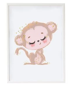 Crochetts Décoration Murale Enfant Impression De Singe Encadrée En Bois Blanc 43X33 Cm