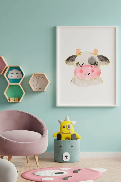Crochetts Décoration Murale Enfant Impression De Vache Encadrée En Bois Blanc 43X33 Cm 2 Crochetts Décoration Murale Enfant Impression De Vache Encadrée En Bois Blanc 43X33 Cm – Image 2