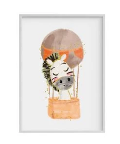 Crochetts Décoration Murale Enfant Impression De Zèbre Ballon Encadrée En Bois Blanc 43X33 Cm