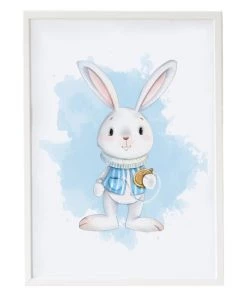 Crochetts Décoration Murale Enfant Impression Lapin Horloge Encadrée En Bois Blanc 43X33 Cm