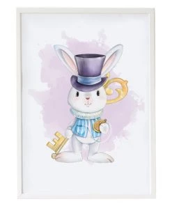 Crochetts Décoration Murale Enfant Impression Le Lapin Clé Encadrée En Bois Blanc 43X33 Cm