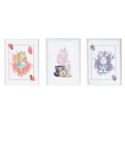 Crochetts Décoration Murale Enfant Pack Encadré Bois Blanc Impression Lapin Alice Lettre Fleurs 43X33 Cm