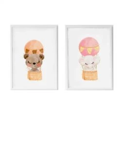 Crochetts Décoration Murale Enfant Pack Encadré Bois Blanc Impression Le Animaux Et Ours 43X33 Cm