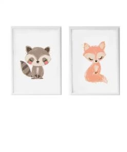 Crochetts Décoration Murale Enfant Pack Encadré Bois Blanc Impression Le Gécureuil Et Renard 43X33 Cm