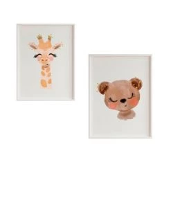 Crochetts Décoration Murale Enfant Pack Encadré Bois Blanc Impression Le Girafe Et L'ours 43X33 Cm