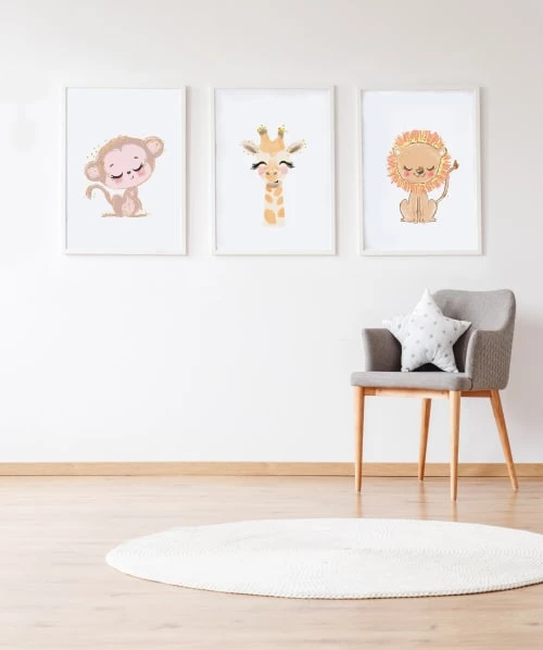 Crochetts Décoration Murale Enfant Pack Encadré Bois Blanc Impression Le Girafe Et Lion 43X33 Cm 2 Crochetts Décoration Murale Enfant Pack Encadré Bois Blanc Impression Le Girafe Et Lion 43X33 Cm – Image 2