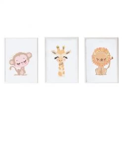Crochetts Décoration Murale Enfant Pack Encadré Bois Blanc Impression Le Girafe Et Lion 43X33 Cm