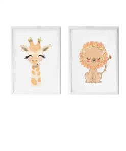 Crochetts Décoration Murale Enfant Pack Encadré Bois Blanc Impression Le Girafe Et Lion 43X33 Cm