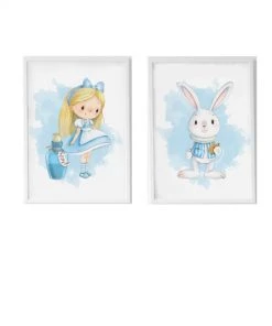 Crochetts Décoration Murale Enfant Pack Encadré Bois Blanc Impression Le Lapin Alice Et Potion 43X33 Cm