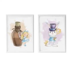 Crochetts Décoration Murale Enfant Pack Encadré Bois Blanc Impression Le Potion De Lapin Alice 43X33 Cm