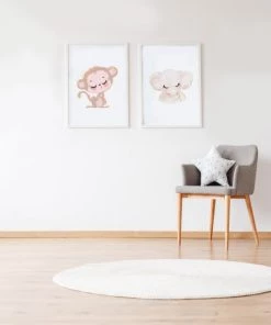 Décoration murale enfant Soldes -Décoration murale enfant Soldes pack encadre bois blanc impression le singe et elephant 43x33 cm 1
