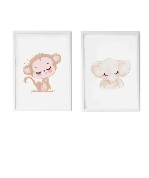 Crochetts Décoration Murale Enfant Pack Encadré Bois Blanc Impression Le Singe Et éléphant 43X33 Cm 1 Crochetts Décoration Murale Enfant Pack Encadré Bois Blanc Impression Le Singe Et éléphant 43X33 Cm