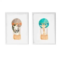 Crochetts Décoration Murale Enfant Pack Encadré Bois Blanc Impression Le Zèbre Ballon Et Girafe 43X33 Cm